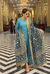 SHANZAYOUTFIT OFFERS BOTH ELEGANCE AND COMFORT FOR SPECIAL OCCASIONS | BEAUTIFULLY HEAVY HAND EMBELLISHMENT EMBROIDERED WORK INCLUDING TASSELS LACES RUSSIAN SILK DUPATTA & SHAMOSE SILK SHIRT | UNSTITCHED 3-PIECE SUIT | SKY BLUE