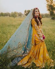 SHANZAYOUTFIT | HERE, WE HAVE SOME CUTE BRIDAL GHARARAS WHICH ARE WORN FOR THE MAYO AND MEHNDI CEREMONY | PREMIUM HAND EMBELLISHMENT EMBROIDERED ORGANZA SHIRT | UNSTITCHED 3-PIECE GHARARA