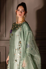 NUREH | LUXURY RAW SILK DRESS PARTY WEAR | BEAUTIFULLY HANDMADE EMBELLISHMENT EMBROIDERED FLOWER SEQUENCE WORK | UNSTITCHED 3-PIECE SUIT | TW-14