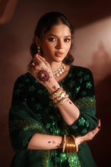 IZNIK | LUXURY 9000 MICRO VELVET SHIRT | FULLY HEAVY THREAD EMBROIDERED SHINING SEQUENCE WORK, HEAVY SHELFER CRYSTAL WORK,MOTI WORK WITH HANGING TASSELS WORK | UNSTITCHED 3-PIECE SUIT | IV-60