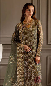 NUREH | AMAZING ARTICLE | LUXURY CHIFFON | FULLY HEAVY EMBROIDERED SEQUENCE WORK | UNSTITCHED 3-PIECE SUIT | MEHENDI GREEN