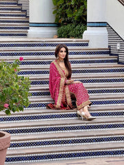 POSHKARI | ELEGANTLY FULLY HEAVY THREAD EMBROIDERED SEQUENCE WORK & LAZER CUT DESIGN WORK CHIFFON DRESS | UNSTITCHED 3-PIECE SUIT | SHOCKING PINK