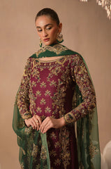 BURGUNDY DUSK BY ABEERA USMAN | EXCLUSIVE WEAR | EXQUISITE HAND EMBELLISHEMENT EMBROIDERY ON LUXURIOUS SHEESHA SILK SHIRT | UNSTITCHED 3-PIECE SUIT