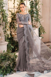 MARIA B - EMBROIDERED GREY CHIFFON SAREE| UNSTITCHED WEDDING COLLECTION