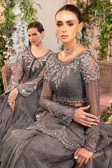 MARIA B - EMBROIDERED GREY CHIFFON SAREE| UNSTITCHED WEDDING COLLECTION