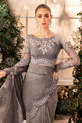 MARIA B - EMBROIDERED GREY CHIFFON SAREE| UNSTITCHED WEDDING COLLECTION