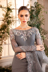 MARIA B - EMBROIDERED GREY CHIFFON SAREE| UNSTITCHED WEDDING COLLECTION