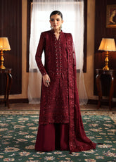 EVAYNA BY GULAAL | ELEGANTLY FULLY HEAVY THREAD EMBROIDERED SEQUENCE WORK WITH EMBROIDERED FLOWER BANCHES CHIFFON SHIRT | UNSTITCHED 3-PIECE SUIT | VEZEEN - GUL25EV | MAROON