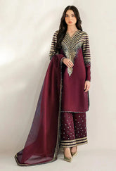 JAZMIN | LUXURY MAROON RAW SILK DRESS | FULLY HEAVY THREAD EMBROIDERED SEQUENCE WORK | UNSTITCHED 3-PIECE SUIT | UR 7056