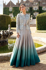 DELYRA BY MARIA•B | A COMBINATION OF CLASSIC ELEGANCE AND MODERN ARTISTRY. CRAFTED IN SOFT GREY AND SEA-GREEN HUES, HEAVY EMBROIDERED WORK SILK MAXI | UNSTITCHED 3-PIECE