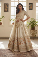 SHANZAYOUTFIT | THIS IS ONE OF THE CLASSIEST DESIGN | ELEGANTLY FULLY HEAVY MULTI THREAD EMBROIDERED 9MM SEQUENCE WORK & HANGING MULTI COLOUR TASSELS WORK CHIFFON MAXI | UNSTITCHED 3-PIECE | OFF-WHITE