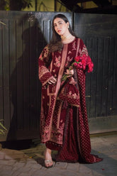 OCEANS BY ANEELAS | ELEGANTLY VELVET DRESS | FULLY HEAVY MULTI THREAD EMBROIDERED SEQUENCE WORK WITH HANGING TASSELS WORK | UNSTITCHED 3-PIECE SUIT | MAROON