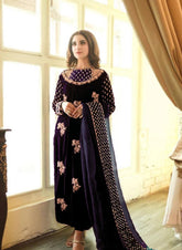 AFROZEH | LUXURY VELVET DRESS | FULLY HEAVY THREAD EMBROIDERED SEQUENCE WORK WITH ATTACHED STONE, PEARL'S & CRYSTAL WORK | UNSTITCHED 3-PIECE SUIT | PURPLE
