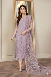 ZARIF | EXCLUSIVE WEAR | PREMIUM HAND EMBELLISHMENT EMBROIDERED SEQUENCE WORK WITH ZARI EMBROIDERED WORK, STONE WORK & HANGING TASSELS WORK NET SHIRT | UNSTITCHED 3-PIECE SUIT | PURPLE