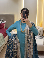 SHANZAYOUTFIT OFFERS BOTH ELEGANCE AND COMFORT FOR SPECIAL OCCASIONS | BEAUTIFULLY HEAVY HAND EMBELLISHMENT EMBROIDERED WORK INCLUDING TASSELS LACES RUSSIAN SILK DUPATTA & SHAMOSE SILK SHIRT | UNSTITCHED 3-PIECE SUIT | SKY BLUE