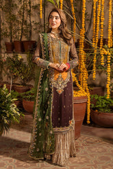 KHUDABAKSH | ELEGANTLY PREMIUM HAND EMBELLISHMENT EMBROIDERED SEQUENCE WORK WITH STONE WORK & CRYSTAL WORK CHIFFON GHARARA | UNSTITCHED 3-PIECE | P-265 (MEHENDI & MAYO COLLECTION)