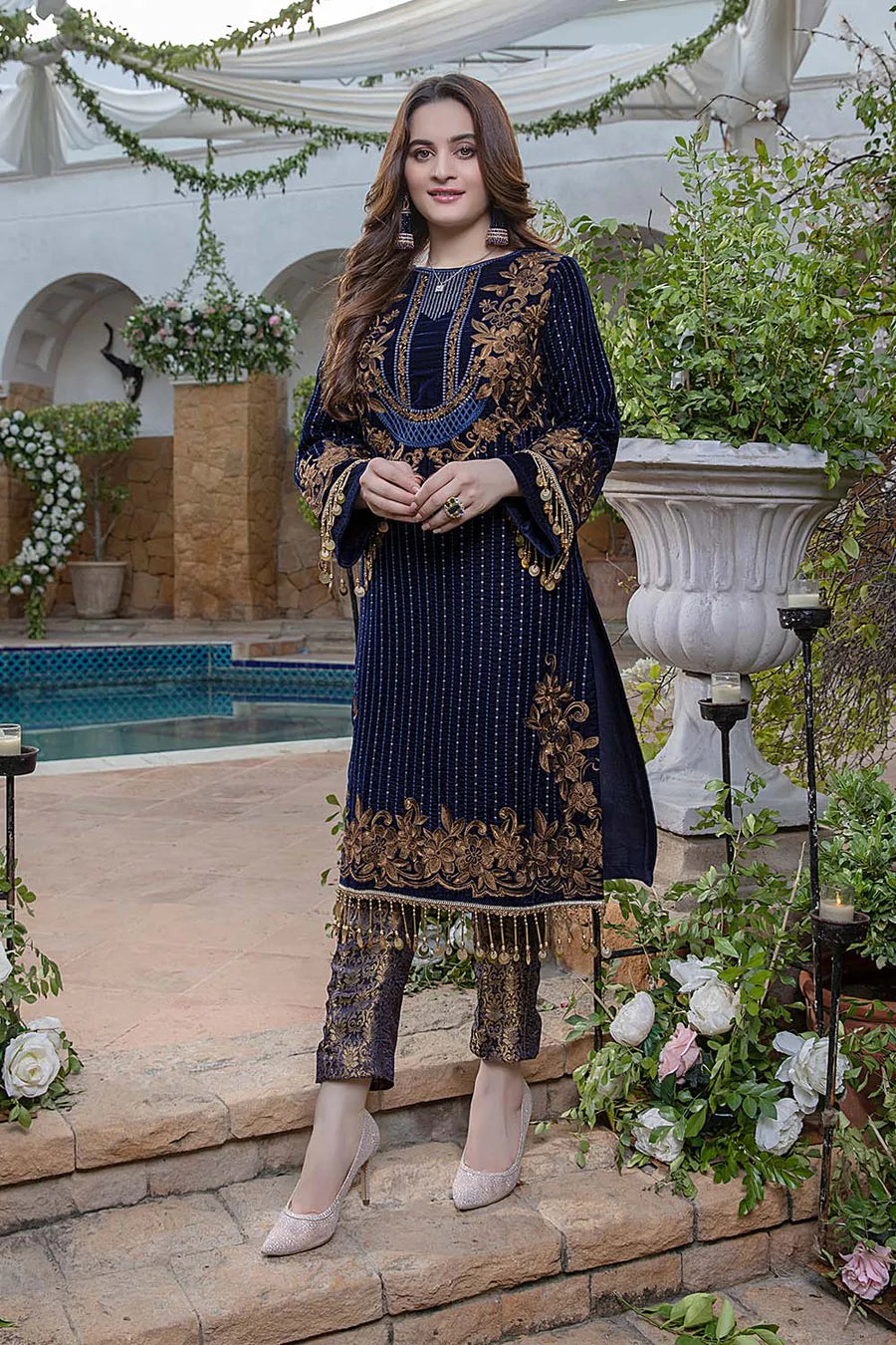 velvet embroidered dress AZURE NAVY BLUE VELVET EMBROIDERY DRESS