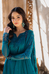 MYSTIC TEAL BY AZURE | ELEGANTLY ARTICLE | HEAVY HAND EMBELLISHMENTE EMBROIDERED SEQUENCE WORK WITH LAZER CUT DESIGN WORK CHIFFON DRESS | UNSTITCHED 3-PIECE SUIT | I-01347