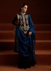 NEGRA BY HUSSAIN REHAR | A GLAMOUROUS BLACK RAW SILK SHIRT WITH INTRICATE HAND WORK DETAILS OF MULTI THREAD EMBROIDERED SEQUENCE WORK | UNSTITCHED 3-PIECE SUIT