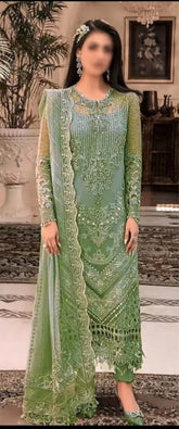 MARIA B | EXQUISITE NET EMBROIDERED SUIT | FULLY HEAVY HAND EMBELLISHMENT EMBROIDERED SEQUENCE WORK, MOTI WORK, STONE WORK WITH HANGING PEARL'S, TASSEL'S WORK & HEAVY LAZER CUT DESIGN NET DRESS | UNSTITCHED 3-PIECE SUIT