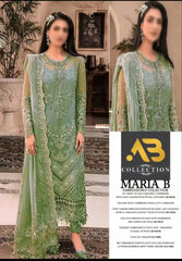 MARIA B | EXQUISITE NET EMBROIDERED SUIT | FULLY HEAVY HAND EMBELLISHMENT EMBROIDERED SEQUENCE WORK, MOTI WORK, STONE WORK WITH HANGING PEARL'S, TASSEL'S WORK & HEAVY LAZER CUT DESIGN NET DRESS | UNSTITCHED 3-PIECE SUIT