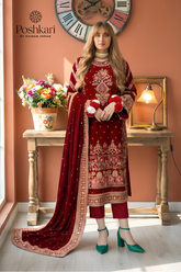ANEELAS | THE VELVET FRONT ARE BEAUTIFULLY ADORNED WITH INTRICATE EMBROIDERY | UNSTITCHED 3-PIECE SUIT | MAROON