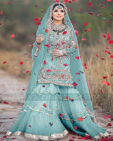 MAHA WAJAHAT - AQUA BRIDAL GHARARA FULL NET - HANDMADE WORK - UNSTITCHED 3-PIECE SUIT