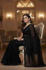 SHANZAYOUTFIT | ELEGANTLY CHIFFON SAREE | FULLY HEAVY THREAD EMBROIDERED SEQUENCE WORK | UNSTITCHED 3-PIECE SAREE | JET BLACK