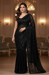 SHANZAYOUTFIT | ELEGANTLY CHIFFON SAREE | FULLY HEAVY THREAD EMBROIDERED SEQUENCE WORK | UNSTITCHED 3-PIECE SAREE | JET BLACK