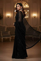 SHANZAYOUTFIT | ELEGANTLY CHIFFON SAREE | FULLY HEAVY THREAD EMBROIDERED SEQUENCE WORK | UNSTITCHED 3-PIECE SAREE | JET BLACK