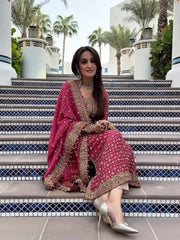 POSHKARI | ELEGANTLY FULLY HEAVY THREAD EMBROIDERED SEQUENCE WORK & LAZER CUT DESIGN WORK CHIFFON DRESS | UNSTITCHED 3-PIECE SUIT | SHOCKING PINK