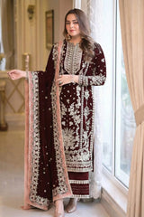 ANEELAS | EXQUISITELY VELVET EMBROIDERED SHIRT | FULLY HEAVY HAND EMBELLISHMENT EMBROIDERED MULTI SEQUENCE WORK WITH HEAVY BANCH MOTI WORK & CRYSTAL WORK | UNSTITCHED 3-PIECE SUIT | MAROON