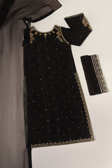 BLACK JHOOMAR BY AGHA NOOR | LUXURY VELVET DRESS | FULLY HEAVY HAND EMBELLISHMENT EMBROIDERED SEQUENCE WORK WITH ATTACHED STONE, PEARL'S & CRYSTAL WORK | UNSTITCHED 3-PIECE SUIT