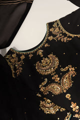 BLACK JHOOMAR BY AGHA NOOR | LUXURY VELVET DRESS | FULLY HEAVY HAND EMBELLISHMENT EMBROIDERED SEQUENCE WORK WITH ATTACHED STONE, PEARL'S & CRYSTAL WORK | UNSTITCHED 3-PIECE SUIT