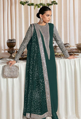 HUSSAIN REHAR - LUXURY RAW SILK WITH HAND EMBELLISHED WORK - EMBROIDERED UNSTITCHED 3-PIECE SUIT | ZINC GREEN
