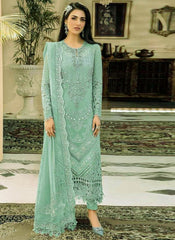 MARIA B | EXQUISITE NET EMBROIDERED SUIT | FULLY HEAVY HAND EMBELLISHMENT EMBROIDERED SEQUENCE WORK, MOTI WORK, STONE WORK WITH HANGING PEARL'S, TASSEL'S WORK & HEAVY LAZER CUT DESIGN NET DRESS | UNSTITCHED 3-PIECE SUIT