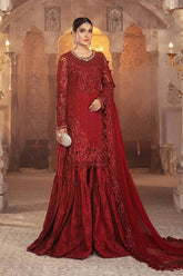 RUBY RED BY MARIA B | SHEER ELEGANCE GHARARA | FULLY HEAVY THREAD EMBROIDERED SEQUENCE WORK WITH 3D FLOWER BANCHES MOTI WORK, STONE WORK, HANGING TASSELS WORK & LAZER CUT DESIGN NET SHIRT | UNSTITCHED 3-PIECE GHARARA | BD-2305-21