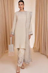 JAZMIN | LUXURY CREAMY RAW SILK DRESS | HEAVY THREAD EMBROIDERED SEQUENCE WORK WITH HANGING CRYSTAL TASSELS WORK & EMBROIDERED SEQUENCE WORK IN CLUTCH | UNSTITCHED 3-PIECE SUIT