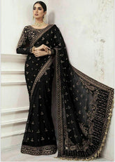 MARIA B | ELEGANTLY NET SAREE | PREMIUM HAND EMBELLISHMENTE EMBROIDERED NET SAREE | UNSTITCHED 3-PIECE | BLACK BEAUTY