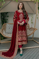 ANEELAS | THE VELVET FRONT ARE BEAUTIFULLY ADORNED WITH INTRICATE EMBROIDERY | UNSTITCHED 3-PIECE SUIT | MAROON