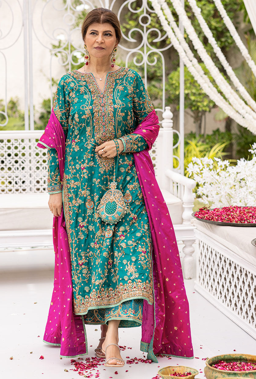AVISA EMERALD KURTA BY FARAH TALIB AZIZ | ELEGANTLY PREMIUM HAND EMBELLISHMENT EMBROIDERED RAW SILK DRESS WITH HEAVY EMBROIDERED POTLI | UNSTITCHED 3-PIECE SUIT