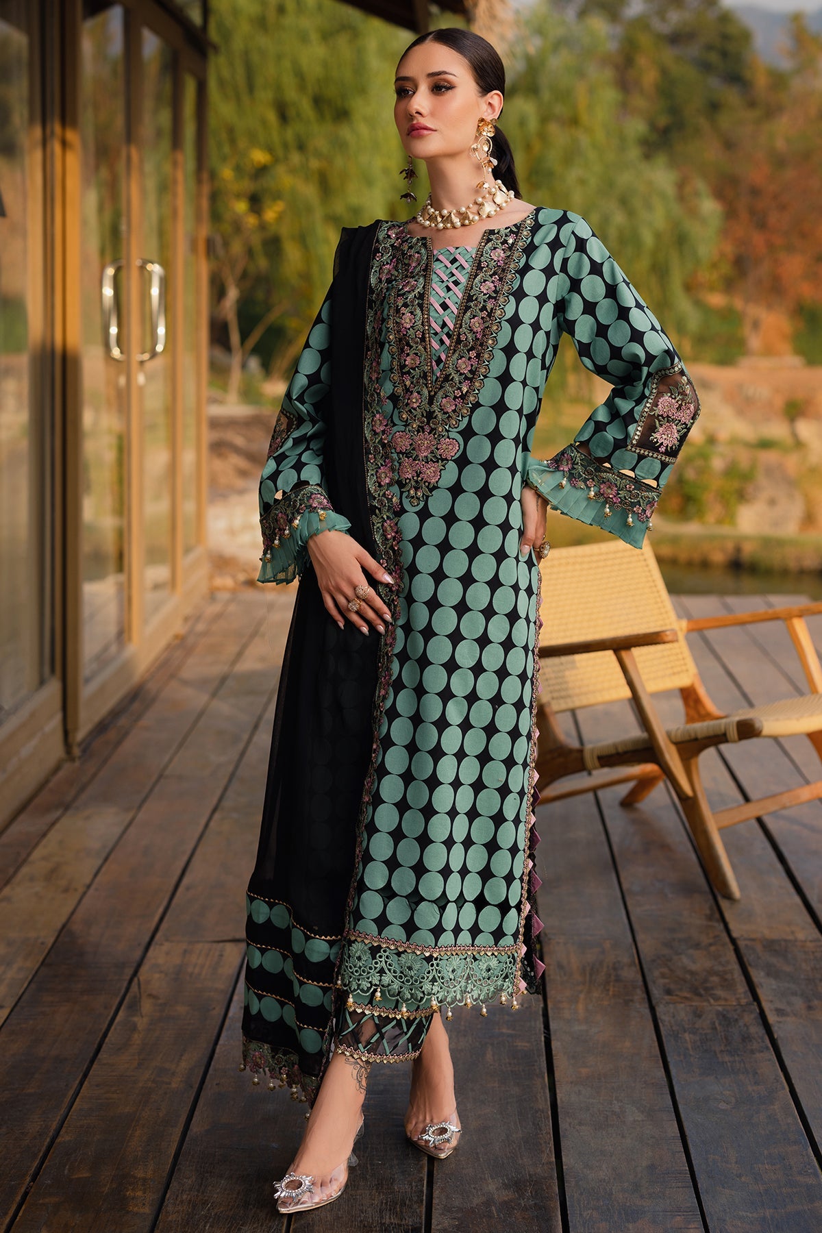 FESTIVE EDIT BY CHARIZMA | BEAUTIFULLY POLKA DOT DIGITAL PRINTED LAWN | CHICKENKARI WORK WITH HEAVY THREAD EMBROIDERED SEQUENCE WORK | UNSTITCHED 3-PIECE SUIT | CQ5-04
