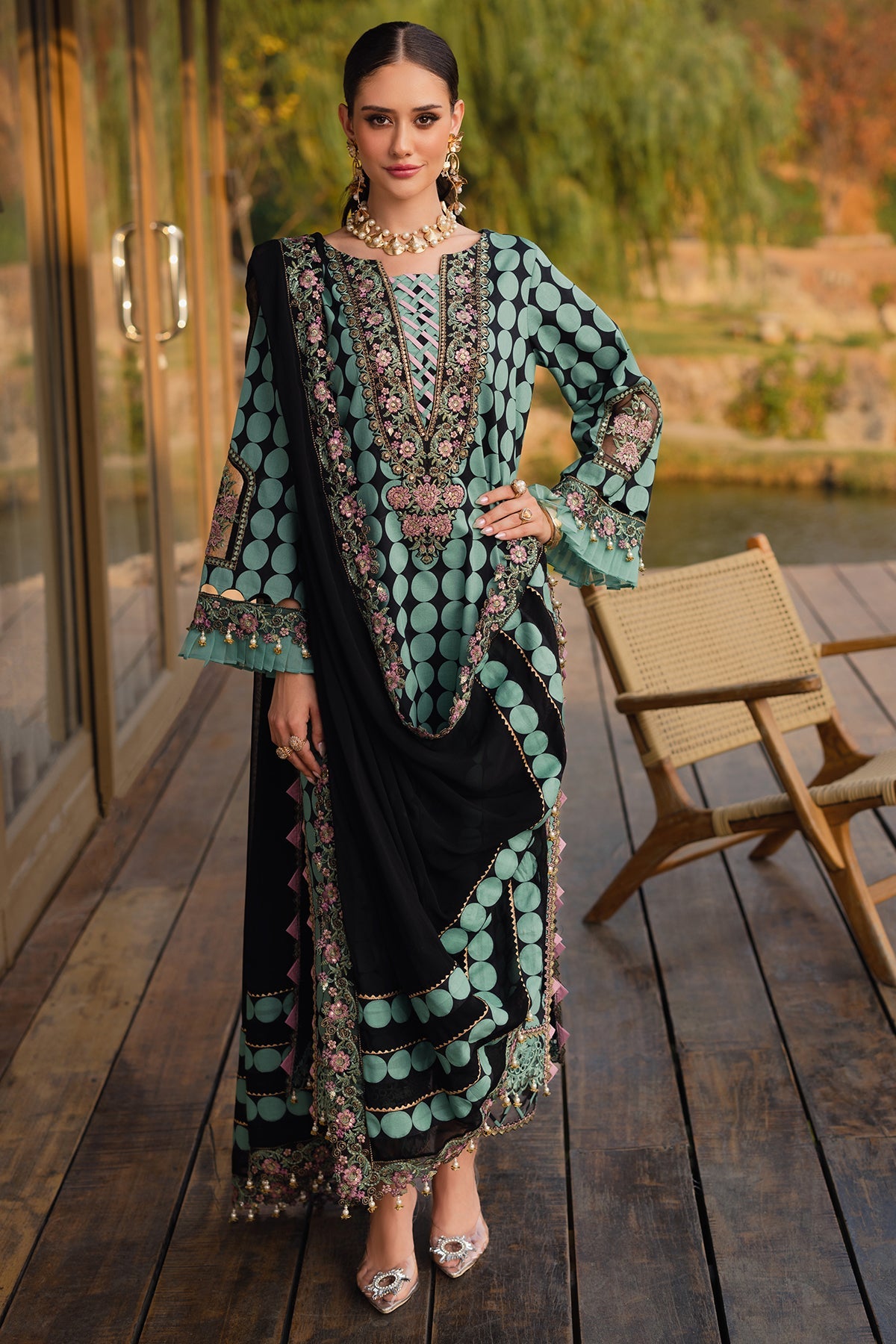 FESTIVE EDIT BY CHARIZMA | BEAUTIFULLY POLKA DOT DIGITAL PRINTED LAWN | CHICKENKARI WORK WITH HEAVY THREAD EMBROIDERED SEQUENCE WORK | UNSTITCHED 3-PIECE SUIT | CQ5-04