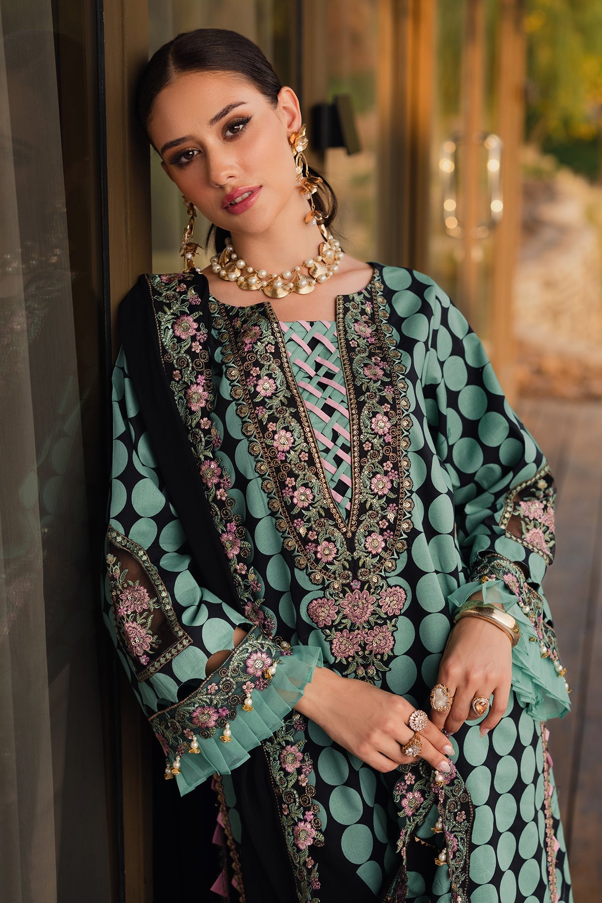 FESTIVE EDIT BY CHARIZMA | BEAUTIFULLY POLKA DOT DIGITAL PRINTED LAWN | CHICKENKARI WORK WITH HEAVY THREAD EMBROIDERED SEQUENCE WORK | UNSTITCHED 3-PIECE SUIT | CQ5-04