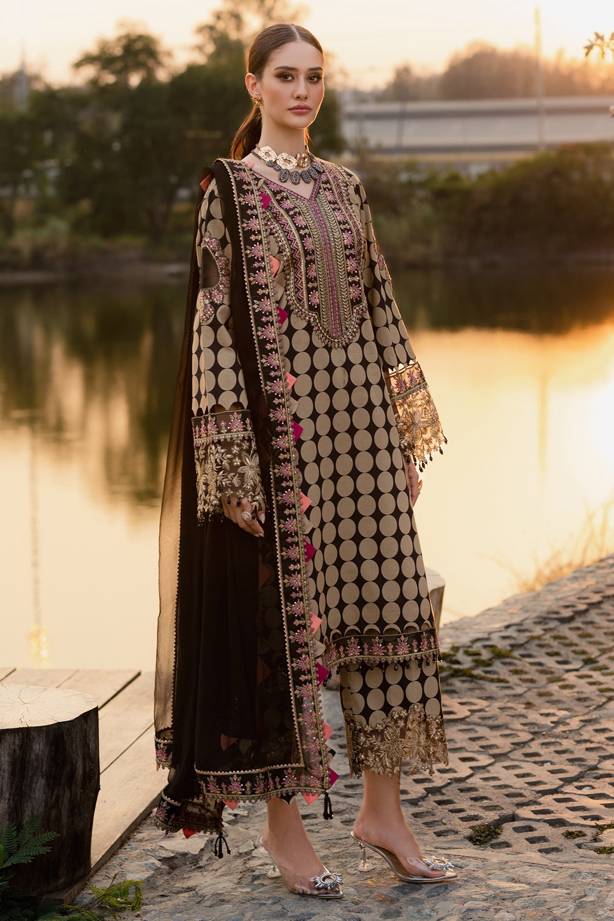 QARA FESTIVE EDIT 25" BY CHARIZMA | BEAUTIFULLY POLKA DOTS DIGITAL PRINTED LAWN WITH HEAVY MULTI THREAD EMBROIDERED SEQUENCE WORK AND HANGING CRYSTAL TASSELS WORK | UNSTITCHED 3-PIECE SUIT | CQ5-05