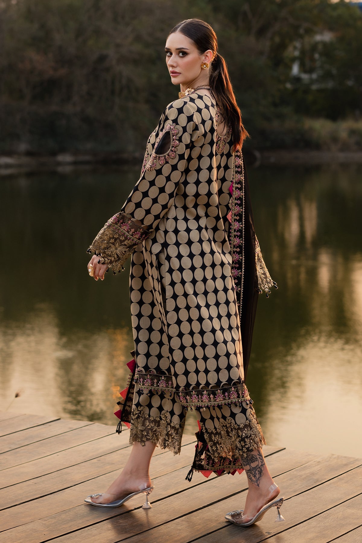 QARA FESTIVE EDIT 25" BY CHARIZMA | BEAUTIFULLY POLKA DOTS DIGITAL PRINTED LAWN WITH HEAVY MULTI THREAD EMBROIDERED SEQUENCE WORK AND HANGING CRYSTAL TASSELS WORK | UNSTITCHED 3-PIECE SUIT | CQ5-05