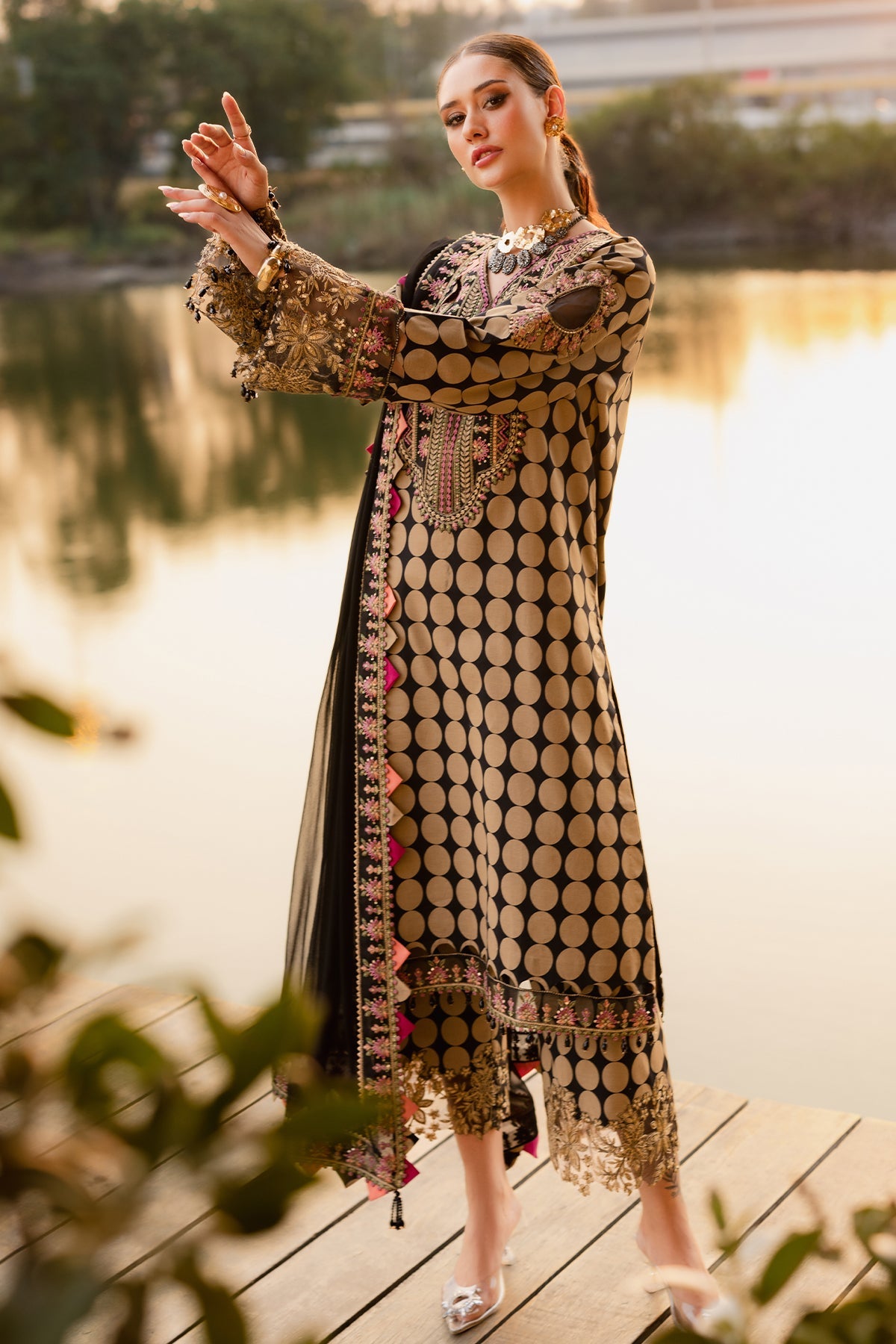 QARA FESTIVE EDIT 25" BY CHARIZMA | BEAUTIFULLY POLKA DOTS DIGITAL PRINTED LAWN WITH HEAVY MULTI THREAD EMBROIDERED SEQUENCE WORK AND HANGING CRYSTAL TASSELS WORK | UNSTITCHED 3-PIECE SUIT | CQ5-05