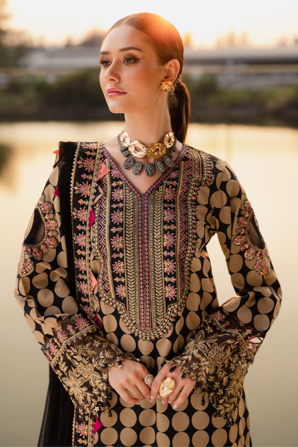 QARA FESTIVE EDIT 25" BY CHARIZMA | BEAUTIFULLY POLKA DOTS DIGITAL PRINTED LAWN WITH HEAVY MULTI THREAD EMBROIDERED SEQUENCE WORK AND HANGING CRYSTAL TASSELS WORK | UNSTITCHED 3-PIECE SUIT | CQ5-05