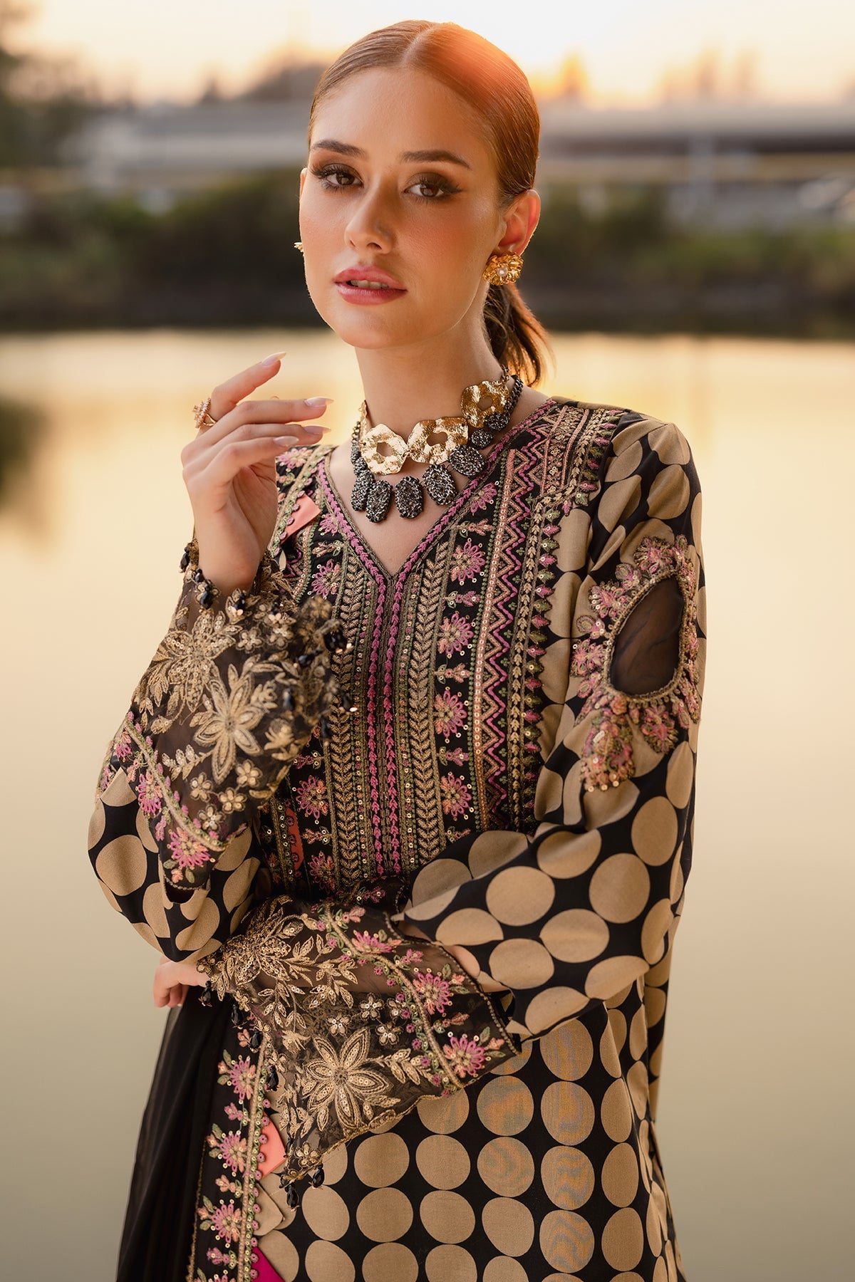 QARA FESTIVE EDIT 25" BY CHARIZMA | BEAUTIFULLY POLKA DOTS DIGITAL PRINTED LAWN WITH HEAVY MULTI THREAD EMBROIDERED SEQUENCE WORK AND HANGING CRYSTAL TASSELS WORK | UNSTITCHED 3-PIECE SUIT | CQ5-05
