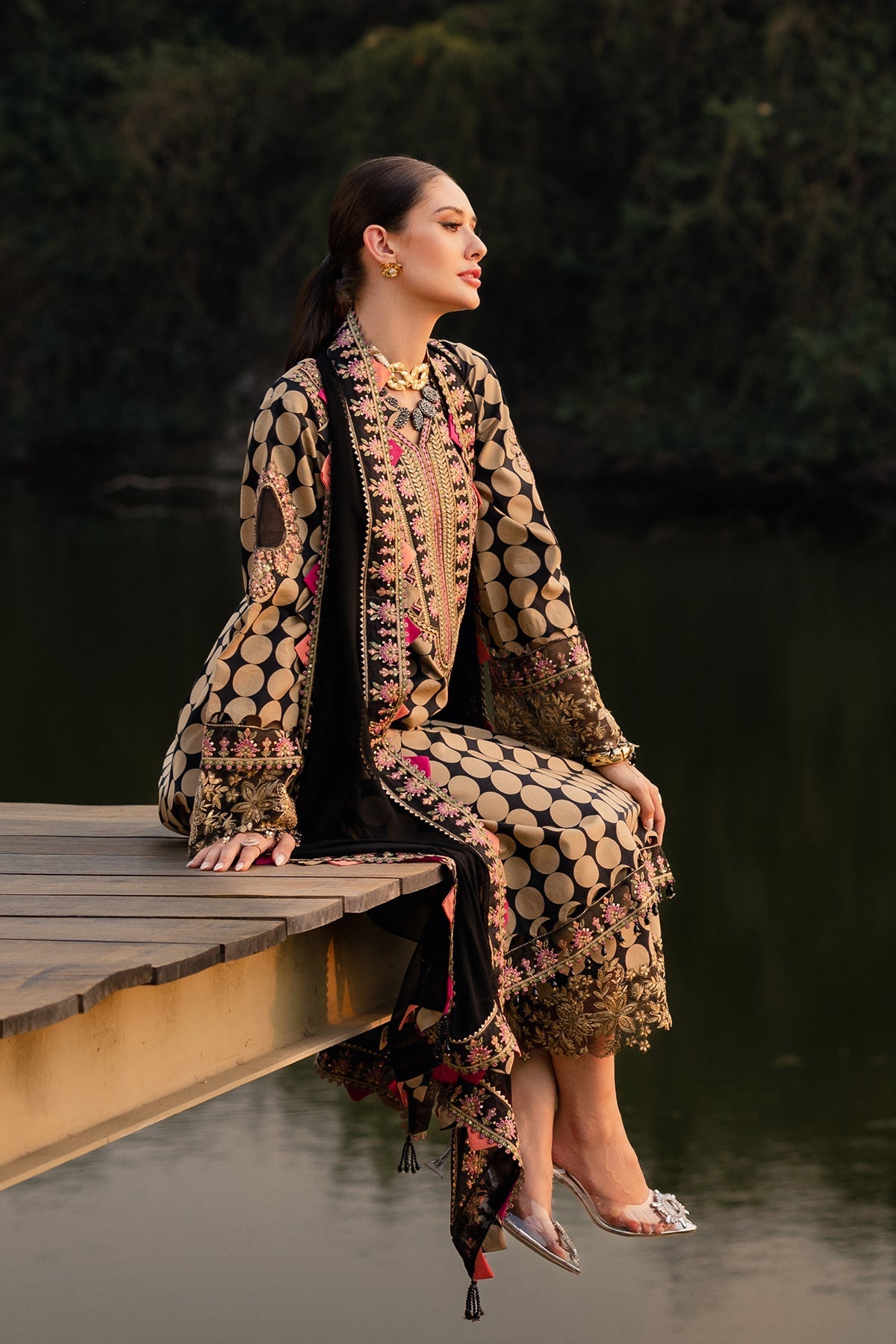QARA FESTIVE EDIT 25" BY CHARIZMA | BEAUTIFULLY POLKA DOTS DIGITAL PRINTED LAWN WITH HEAVY MULTI THREAD EMBROIDERED SEQUENCE WORK AND HANGING CRYSTAL TASSELS WORK | UNSTITCHED 3-PIECE SUIT | CQ5-05